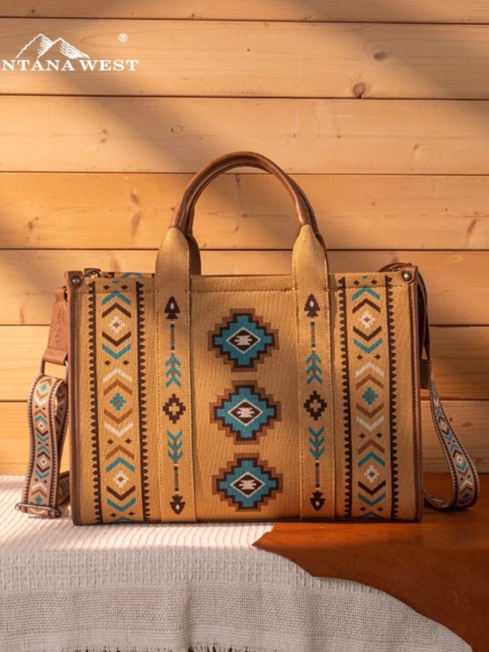 Montana West Aztec Retro Arrows Dual Sided Print Large Tote/Crossbody Brown